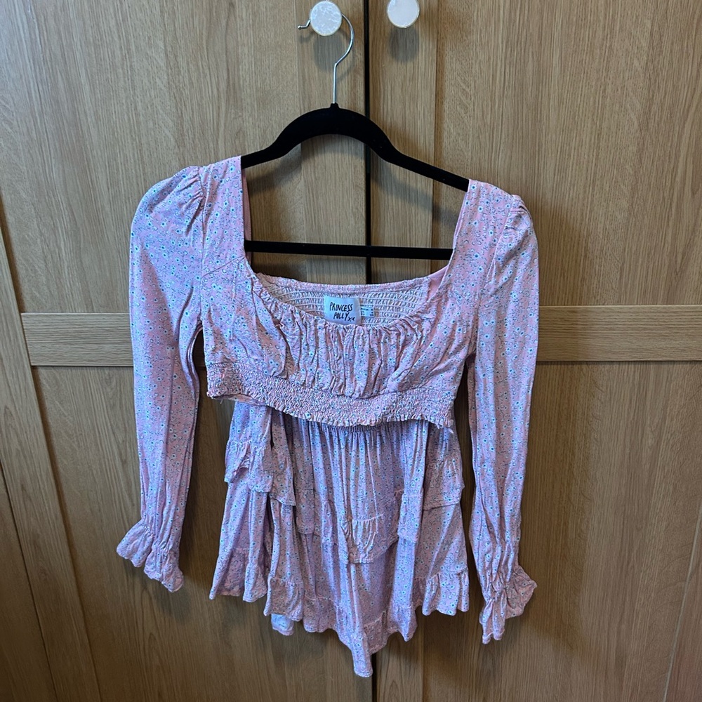 Princess Polly pink floral long sleeve 2 piece ruffle mini skirt crop top set